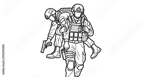 Soldier carrying injured comrade on back, military rescue, tactical gear, teamwork, support