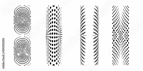 Four abstract black and white spiral and dotted patterns in vertical alignment