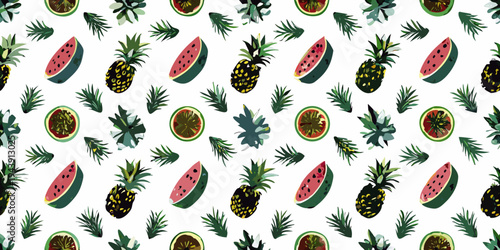 Tropical fruit pattern featuring pineapples watermelon and guavas on white