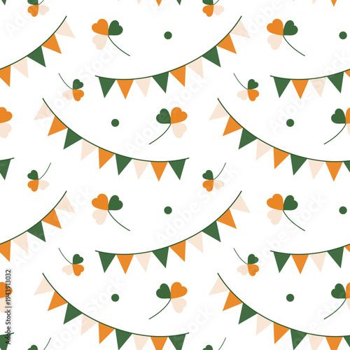 St. Patrick's Day seamless pattern. Garland with green, orange, and beige triangular flags and a clover leaf on a white background. Vector illustration. Festive ornament. Print for packaging.