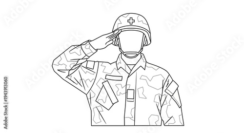 Soldier in Camouflage Uniform Saluting with Helmet, Military Service and Respect