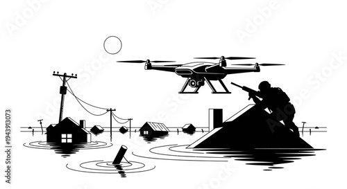 Soldier with Drone Over Flooded Town, Military Surveillance, Disaster Relief