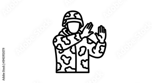 Soldier in Camouflage Uniform Signaling Halt with Hands, Stop Gesture