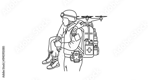 Soldier carrying injured person with drone and medical kit on backpack