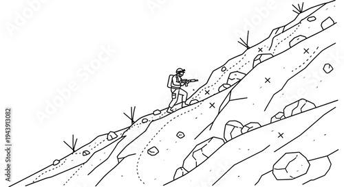 Soldier climbing steep rocky mountain with rifle, military training, survival, exploration