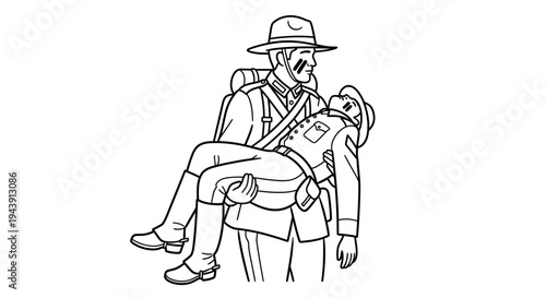 Soldier carrying wounded comrade, Civil War era, illustration