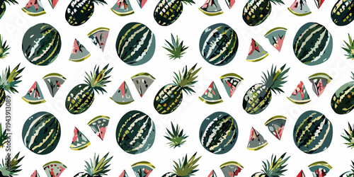 Tropical fruit pattern featuring watermelons pineapples and watermelon slices