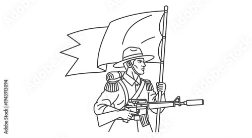 Soldier with Flag and Rifle, Military March, Historical Reenactment, Battle Scene