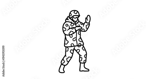 Soldier in Camouflage Uniform, Martial Arts Pose, Military Action, White Background