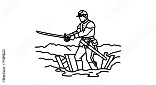 Soldier with sword in trench, historical battle, military illustration