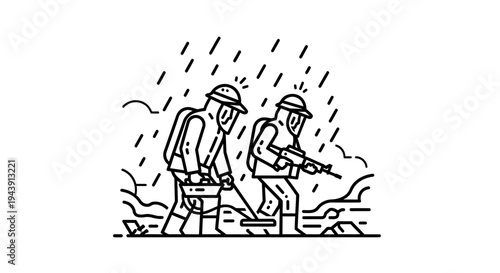 Soldiers in rain with weapons, wartime, military, conflict, battle, danger, army