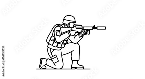 Soldier Kneeling Aiming Rifle, Military Combat Pose, Line Art Illustration