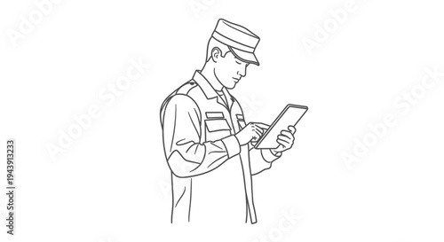 Soldier in uniform using a tablet computer, digital technology in military operations