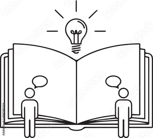 Vector illustration of two people discussing ideas from a book with a lightbulb