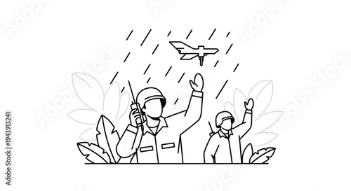 Soldiers in rain, fighter jet overhead, communication, military operation, wartime scene