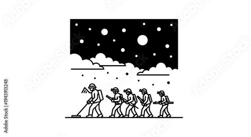 Soldiers in formation searching with metal detectors under starry night sky