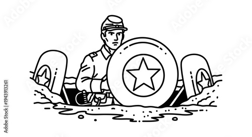Soldier in trench with shield and wheels, vintage illustration