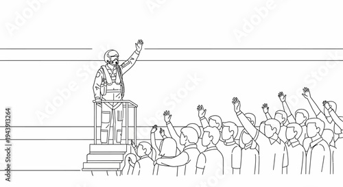 Speaker addressing crowd, people raising hands in agreement, audience participation, presentation, public speaking