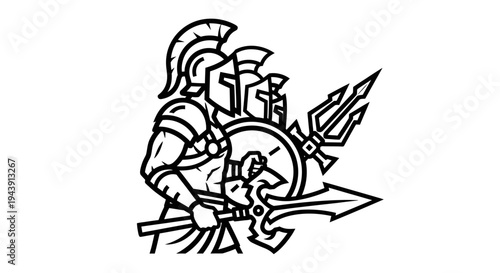 Spartan warriors with shield and spear, ancient Greek soldiers, black and white illustration