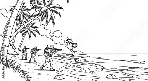 Soldiers landing on a tropical beach, palm trees, ocean waves, military operation, invasion