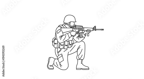 Soldier Kneeling Aiming Rifle, Military Combat, Action Pose, Line Art Illustration