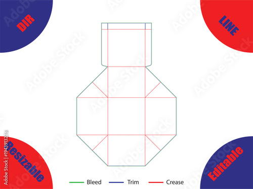 Hexagonal envelope template with trim bleed and crease lines