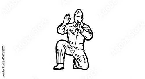 Soldier Kneeling in Uniform, Covering Face, Military Action Pose