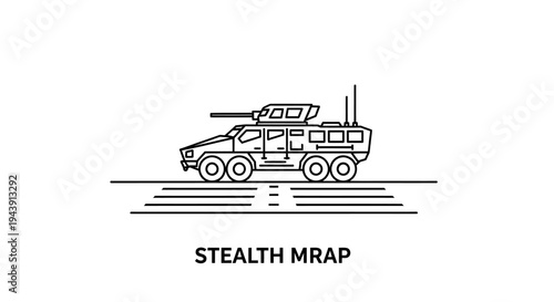 Stealth MRAP Military Vehicle Line Art Icon on White Background