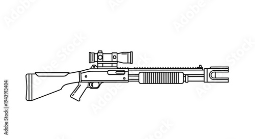 Tactical Shotgun with Scope - Line Art Illustration