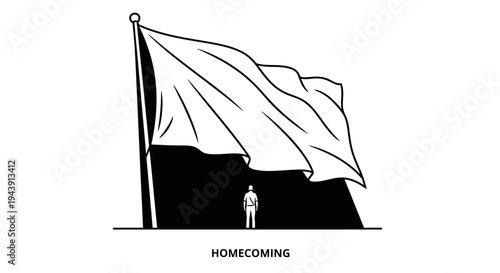 Soldier Standing Under Large Waving Flag Silhouette, Homecoming Concept