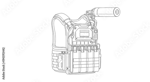 Tactical Vest with Silencer and Accessories Line Art Illustration