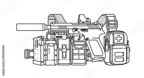 Tactical Vest with Pistol, Silencer, Medical Pouch, and Magazine Holders