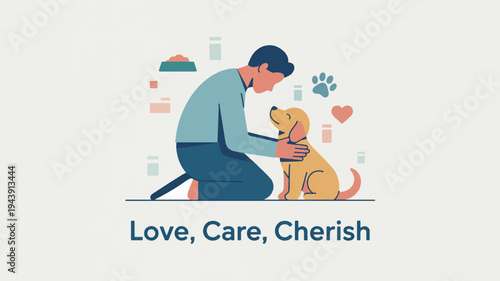 Man showing affection to a golden retriever dog with hearts and paw prints around them on a white background