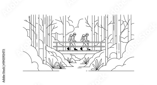 Two hikers crossing a bridge in a forest, minimalist line art style