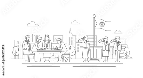 Veterans Day Ceremony: People Saluting Flag, Signing Documents, Cityscape Background