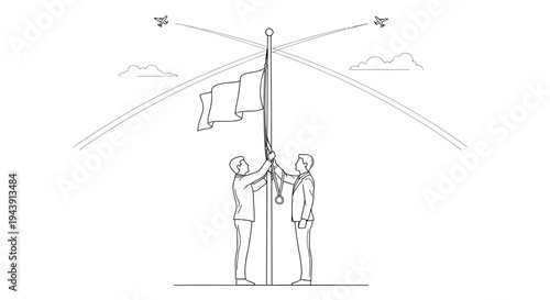 Two people raising a flag on a pole, teamwork concept, illustration