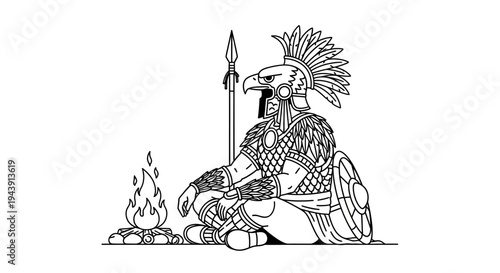 Warrior Eagle Warrior Sitting by Campfire, Ancient Warrior, Tribal Warrior, Mythological Warrior