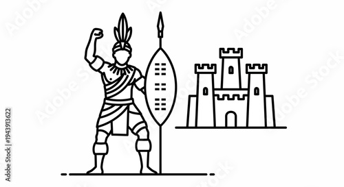 Warrior with Shield and Spear Before Castle