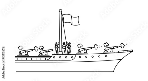 Warship firing cannons, historical battle scene, naval warfare, vintage ship, military action