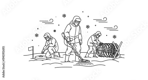 Winter Search and Rescue Team Using Metal Detector and Equipment in Snowy Landscape