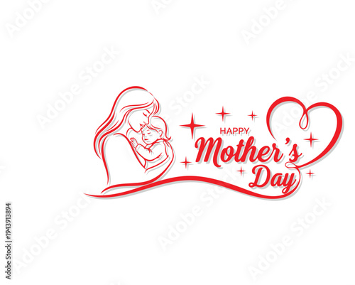 Happy Mother’s Day Typography with Mother and Baby Line Art Illustration Vector