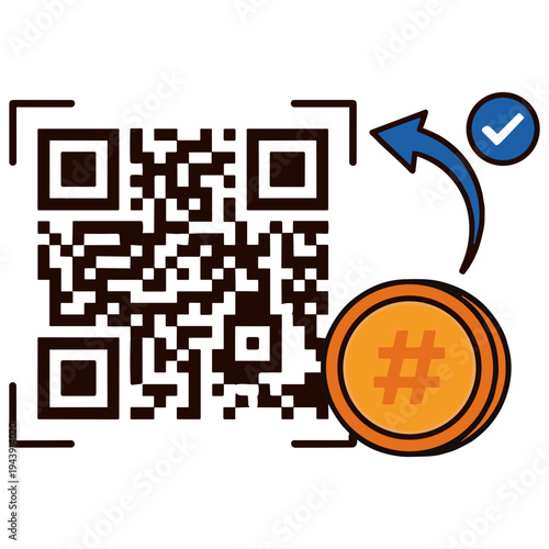 A QR code scans successfully with a verified checkmark and a hashtag symbol on a coin