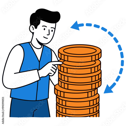 Man pointing at a stack of coins with arrows indicating growth