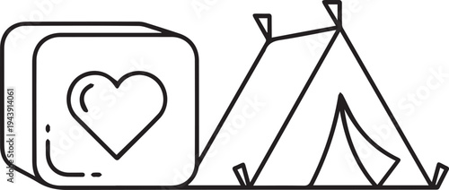 Vector illustration of camping tent and sleeping bag with heart symbol