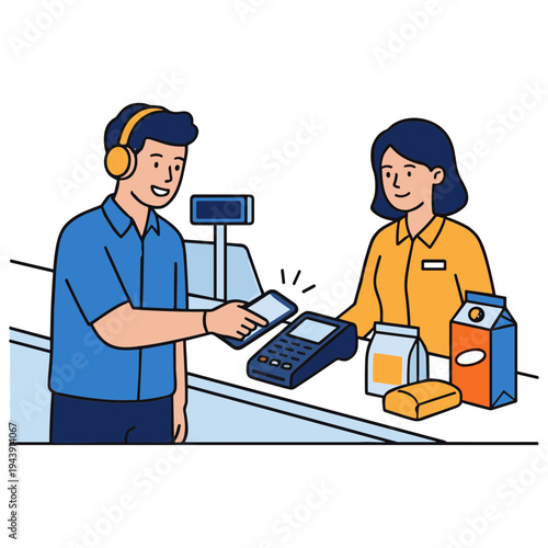 Customer pays with phone at store checkout counter with cashier