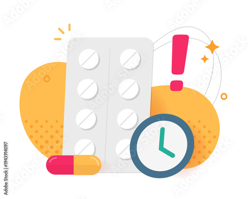 Medicine pills time reminder icon concept, medication pharmacy drugs treatment clock schedule alarm caution, drugs prescription medical therapy warning notification notice modern minimal design
