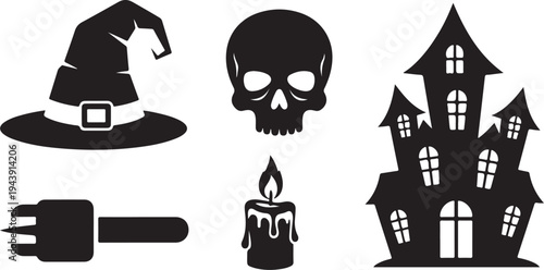 Halloween icons including witch hat and haunted house symbols
