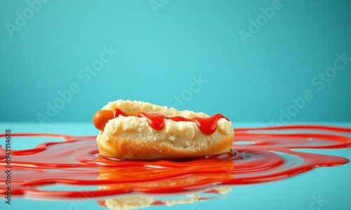 Humorous culinary scene with a hot dog bun acting as a miniature boat sailing on a vibrant river of ketchup, playful and quirky, perfect for fast food advertising, fun menus, and creative food blogs.