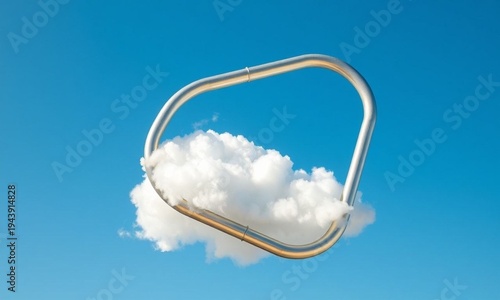 Playful concept of a giant safety pin holding a fluffy cumulus cloud together in the sky, minimalist design and soft blue hues, excellent for creative problem-solving, abstract art, and unique