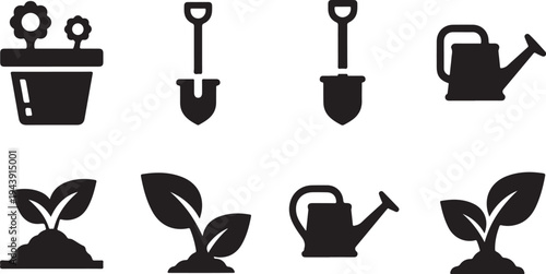 Gardening tools and plants icons in black and white
